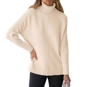 Anrabess Women’s Ivory Oversized Seam Front Turtleneck Pullover